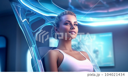 Patient at the dentist's appointment sitting in the dental chair, dental treatment, futuristic style 104021434