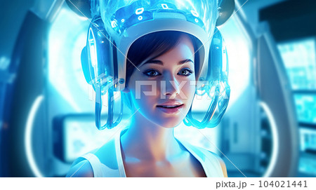 Patient at the dentist's appointment sitting in the dental chair, dental treatment, futuristic style 104021441