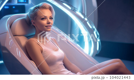Patient at the dentist's appointment sitting in the dental chair, dental treatment, futuristic style Patient at the dentist's appointment sitting in the dental chair, dental treatment, futuristic style 104021443
