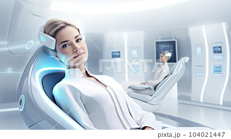 Patient at the dentist's appointment sitting in the dental chair, dental treatment, futuristic style Patient at the dentist's appointment sitting in the dental chair, dental treatment, futuristic style 104021447