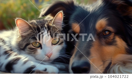 Portrait of a dog and a cat lying together, a banner for a veterinary clinic, domestic animal Portrait of a dog and a cat lying together, a banner for a veterinary clinic, domestic animal 104021722
