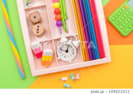 Stylish colored stationery. Workplace. Organization of a drawer at the workplace. Storage and order of office supplies. Concept back to school 104022012
