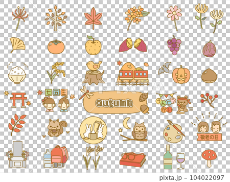 ハロウィンや金木犀など秋の行事や素材のイラストのセット 線画とカラーを組み合わせたバージョン ハロウィンや金木犀など秋の行事や素材のイラストのセット 線画とカラーを組み合わせたバージョン 104022097