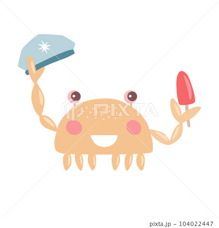 Cute cartoon style crab character smiling, captain hat and ice cream in claws, vector 104022447