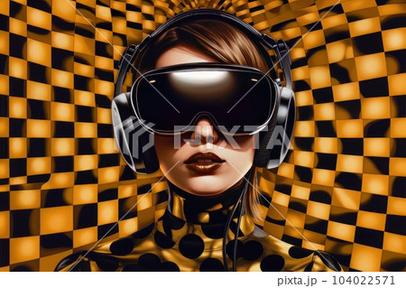 Modern woman in a black futuristic costume with golden elements in virtual reality glasses on a golden background AI Modern woman in a black futuristic costume with golden elements in virtual reality glasses on a golden background AI 104022571