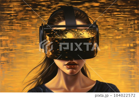 Modern woman in a black futuristic costume with golden elements in virtual reality glasses on a golden background AI 104022572