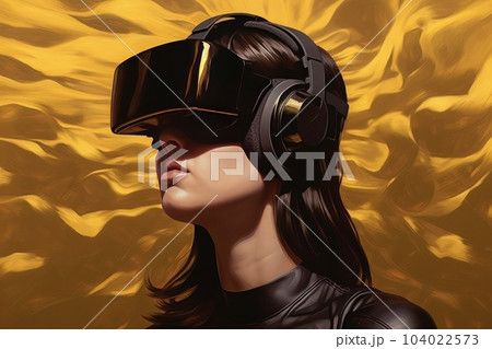 Modern woman in a black futuristic costume with golden elements in virtual reality glasses on a golden background AI Modern woman in a black futuristic costume with golden elements in virtual reality glasses on a golden background AI 104022573