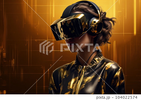 Modern woman in a black futuristic costume with golden elements in virtual reality glasses on a golden background AI 104022574