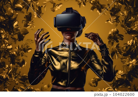 Modern woman in a black futuristic costume with golden elements in virtual reality glasses on a golden background AI Modern woman in a black futuristic costume with golden elements in virtual reality glasses on a golden background AI 104022600