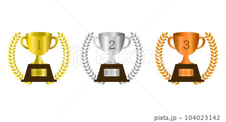 金銀銅のトロフィーと月桂樹のイラスト。ランキングアイコン。 104023142