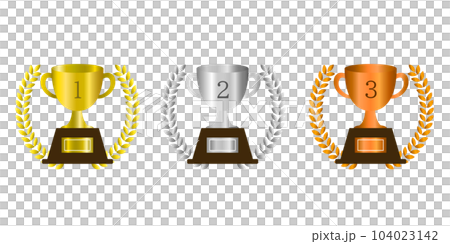 金銀銅のトロフィーと月桂樹のイラスト。ランキングアイコン。 104023142