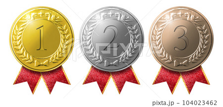 リボンのついた金、銀、銅のメダル 104023462