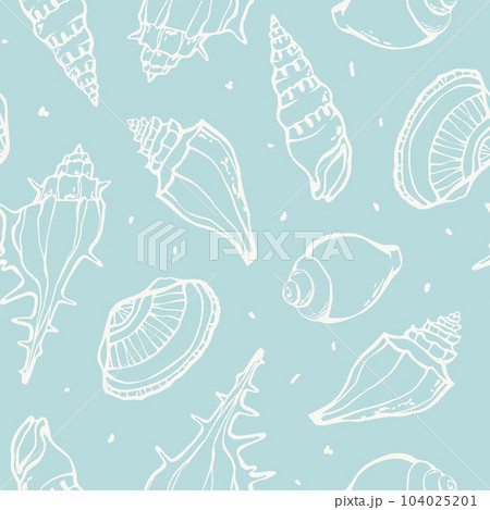 Hand drawn Sea shells seamless pattern summer marine design with white line on light blue background 104025201
