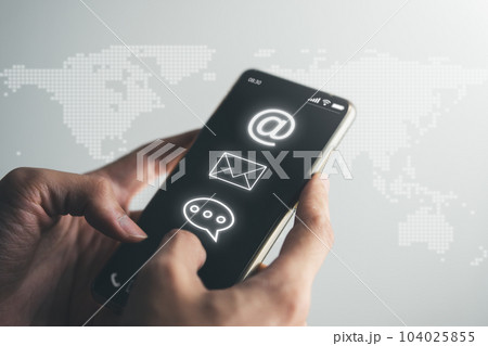 Business man touch the screen on smart phone with internet, email and chat icons. social network and social media marketing concept. Business man touch the screen on smart phone with internet, email and chat icons. social network and social media marketing concept. 104025855