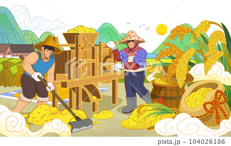 Farmers milling rice grains 104026186