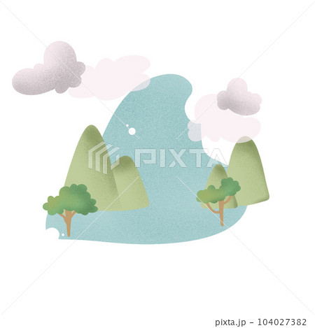 Hand drawn landscape, mountains, pastel colors, cartoon style. 104027382