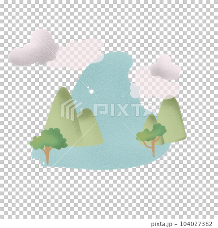 Hand drawn landscape, mountains, pastel colors, cartoon style. 104027382