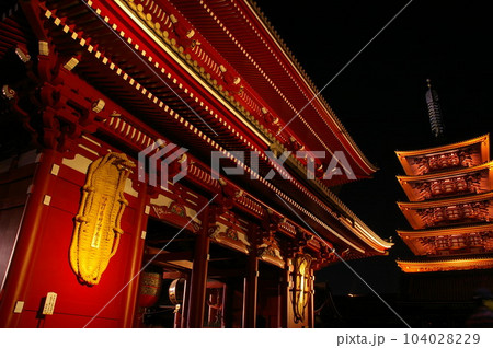 浅草寺と五重塔夜景ライトアップ横 104028229