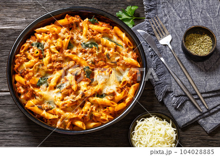 Ground Chicken Pasta Bake in baking dish, top view Ground Chicken Pasta Bake in baking dish, top view 104028885