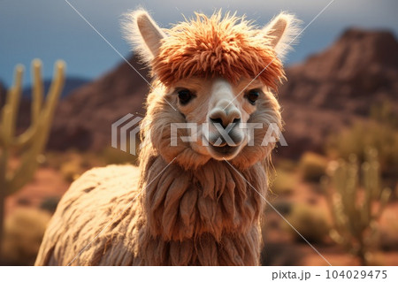 Funny white smiling alpaca, South American camelid. 104029475