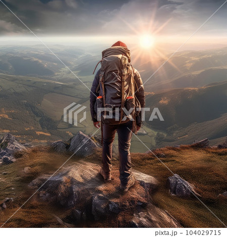 Hiker standing on top of a mountain overlooking a stunning view, Mission accomplished. 104029715