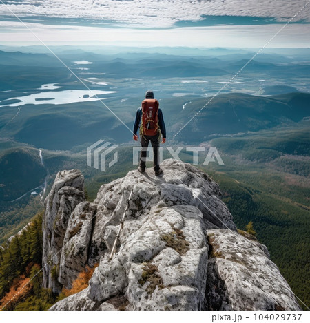 Hiker with backpack standing on the edge of a cliff, Hiker at the summit of a mountain. Hiker with backpack standing on the edge of a cliff, Hiker at the summit of a mountain. 104029737