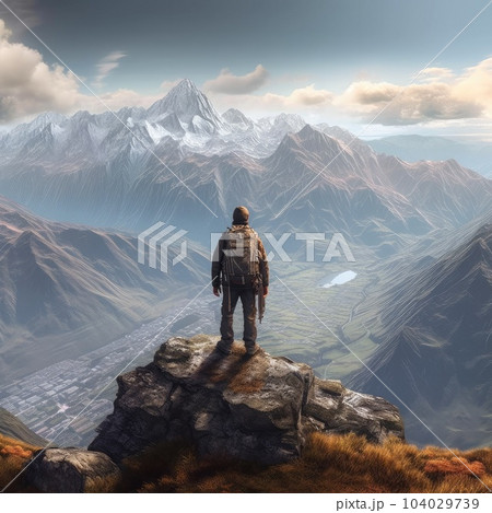 Hiker with backpack standing the summit of a mountain, Experience the exhilaration of a mountain 104029739