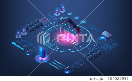 Digital data cloud. Technology center. Files storage. Virtual server. 3d application platform. Isometric network infrastructure. Database connection. Vector computer system concept 104029952