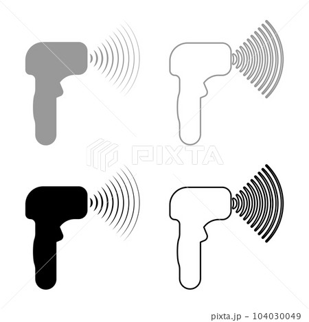 Emitter of waves electron gun manual thermometer forehead infrared device for measuring temperature non-contact contactless digital set icon grey black color vector illustration image solid fill Emitter of waves electron gun manual thermometer forehead infrared device for measuring temperature non-contact contactless digital set icon grey black color vector illustration image solid fill 104030049