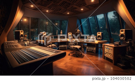 Creative idea of modern audio recording studio, Mixing Board Create Modern Sound, Audio monitors. Creative idea of modern audio recording studio, Mixing Board Create Modern Sound, Audio monitors. 104030502