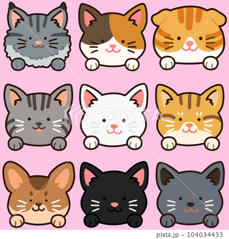 シンプルで可愛い前足付きの猫の顔のイラストセット 主線あり シンプルで可愛い前足付きの猫の顔のイラストセット 主線あり 104034433