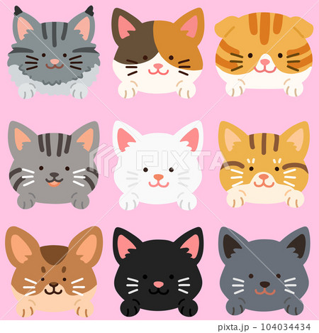 シンプルで可愛い前足付きの猫の顔のイラストセット 主線なし シンプルで可愛い前足付きの猫の顔のイラストセット 主線なし 104034434