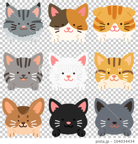 シンプルで可愛い前足付きの猫の顔のイラストセット 主線なし シンプルで可愛い前足付きの猫の顔のイラストセット 主線なし 104034434