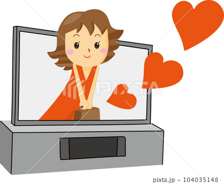シンプルで大きなテレビから飛び出すかわいい女性と赤いハート シンプルで大きなテレビから飛び出すかわいい女性と赤いハート 104035148