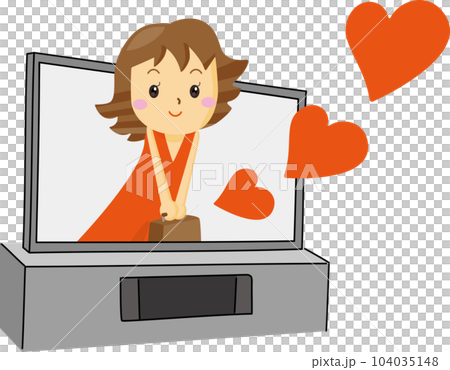 シンプルで大きなテレビから飛び出すかわいい女性と赤いハート シンプルで大きなテレビから飛び出すかわいい女性と赤いハート 104035148