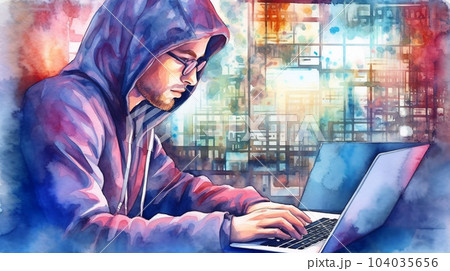Watercolor painting of hipster or hacker or computer gamer at an open laptop sitting at a desk in a hoodie 104035656