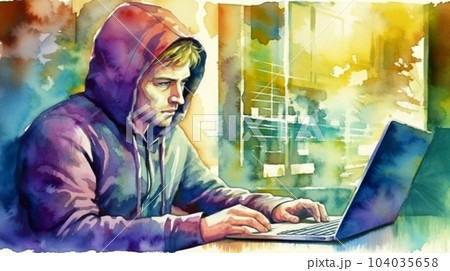 Watercolor painting of hipster or hacker or computer gamer at an open laptop sitting at a desk in a hoodie 104035658