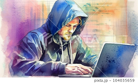 Watercolor painting of hipster or hacker or computer gamer at an open laptop sitting at a desk in a hoodie 104035659
