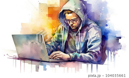 Watercolor painting of hipster or hacker or computer gamer at an open laptop sitting at a desk in a hoodie 104035661
