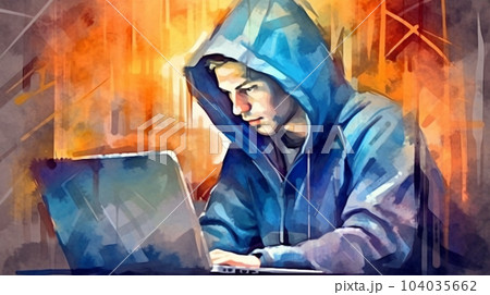 Watercolor painting of hipster or hacker or computer gamer at an open laptop sitting at a desk in a hoodie Watercolor painting of hipster or hacker or computer gamer at an open laptop sitting at a desk in a hoodie 104035662