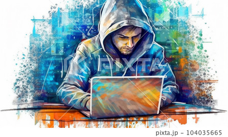 Watercolor painting of hipster or hacker or computer gamer at an open laptop sitting at a desk in a hoodie Watercolor painting of hipster or hacker or computer gamer at an open laptop sitting at a desk in a hoodie 104035665