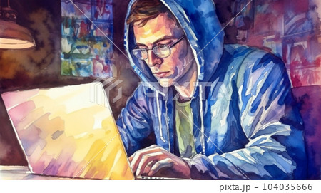 Watercolor painting of hipster or hacker or computer gamer at an open laptop sitting at a desk in a hoodie 104035666