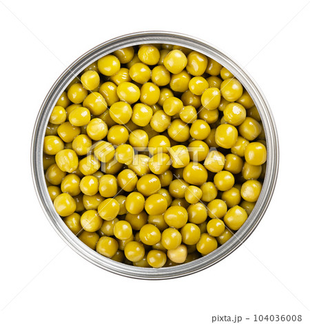 Canned green peas, in an open can. Small spherical seeds of the pod fruit Pisum sativum, boiled and canned to preserve the legumes. Closeup, from above, isolated on white background, macro food photo. 104036008