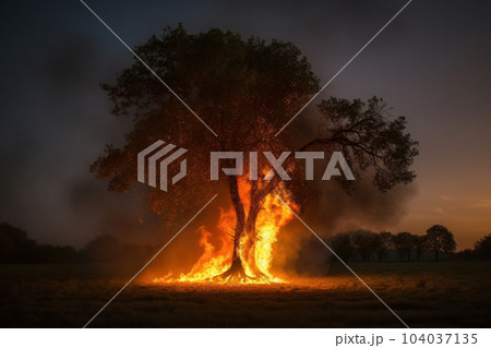 Vibrant sky sets the scene for a burning tree, a striking symbol of the dangerous impact of natural disasters on nature is AI Generative. 104037135