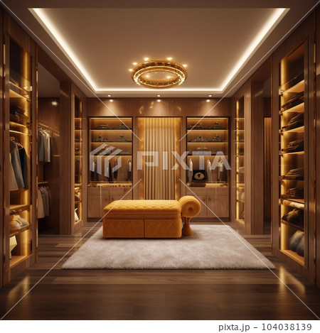 Luxury dressing room with golden furniture, 3d - Stock