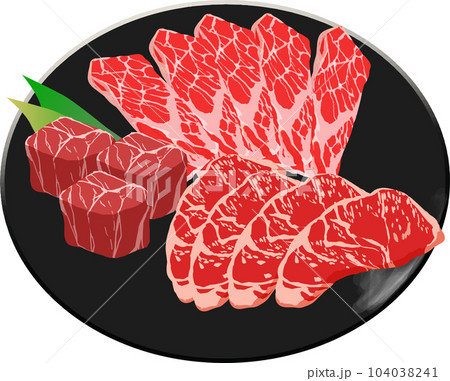 円形がたお皿に乗った国産和牛肉 104038241