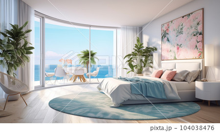 Luxury Bedroom With Sea View, 3d Render. Modern...のイラスト素材 [104038476 ...