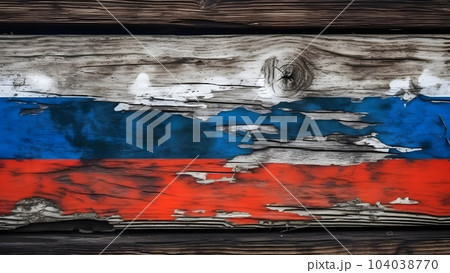 Russian flag colored barn wall, decayed old flaking paint on rotten wood surface, neural network generated image 104038770