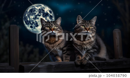 couple of adorable cats sitting on fence in front of full moon night sky, neural network generated image 104038790