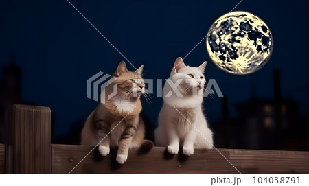 couple of adorable cats sitting on fence in front of full moon night sky, neural network generated image 104038791